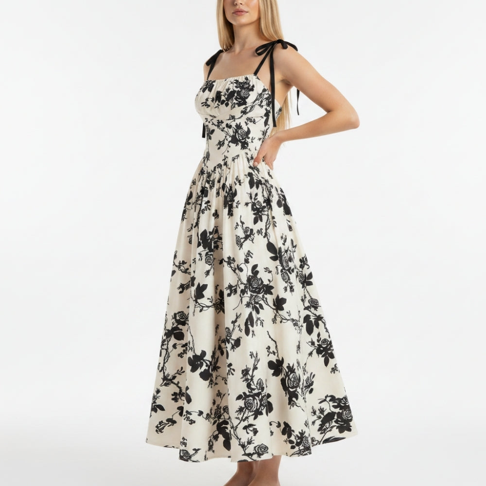 Emma | Elegant Smocked Floral Square Neck Midi Dress