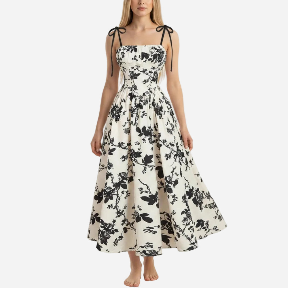 Emma | Elegant Smocked Floral Square Neck Midi Dress