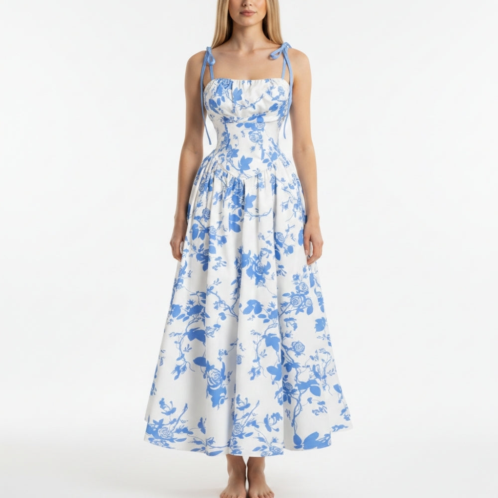 Emma | Elegant Smocked Floral Square Neck Midi Dress