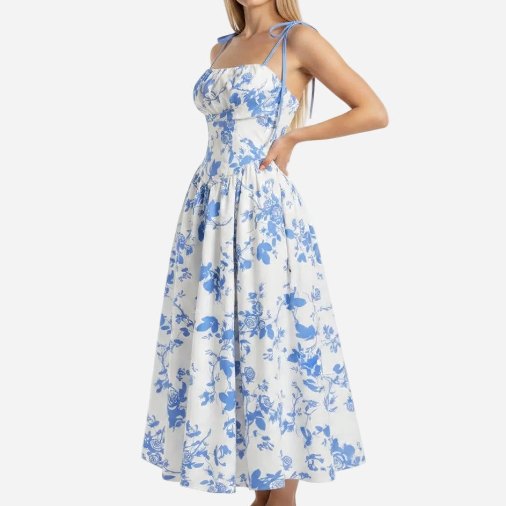Emma | Elegant Smocked Floral Square Neck Midi Dress