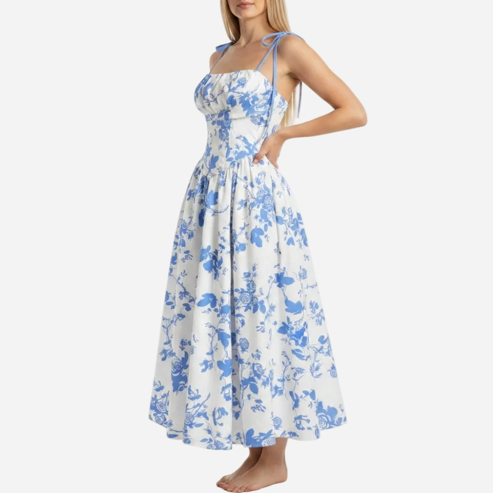 Emma | Elegant Smocked Floral Square Neck Midi Dress