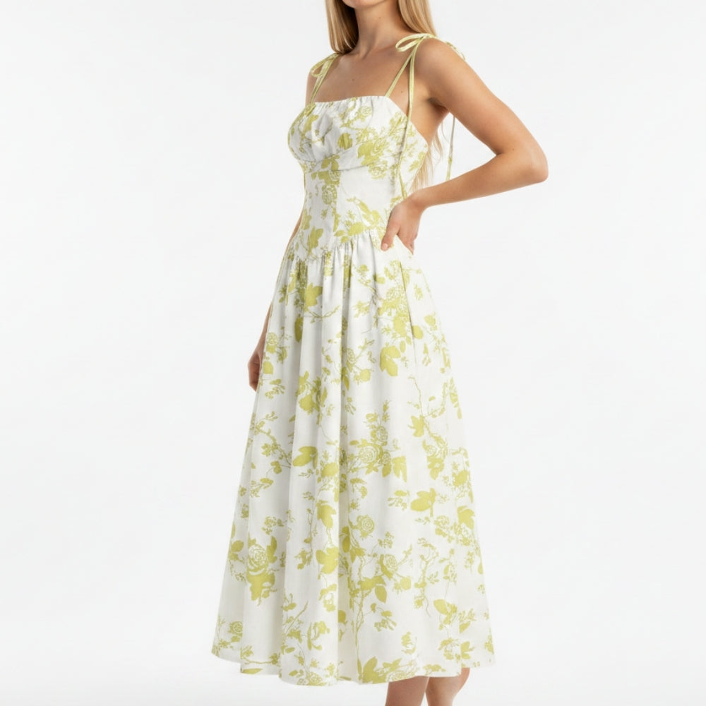 Emma | Elegant Smocked Floral Square Neck Midi Dress
