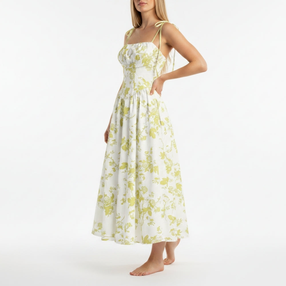 Emma | Elegant Smocked Floral Square Neck Midi Dress