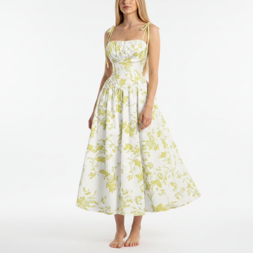 Emma | Elegant Smocked Floral Square Neck Midi Dress