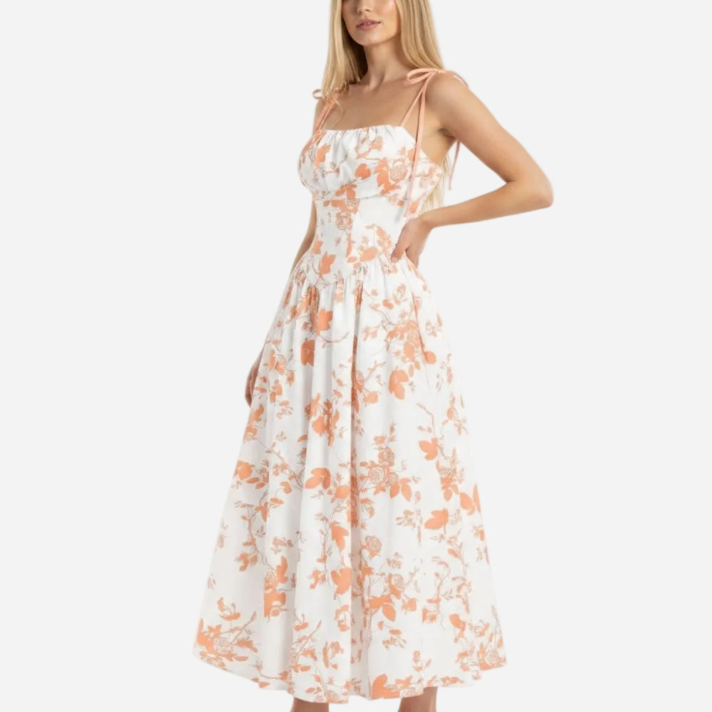 Emma | Elegant Smocked Floral Square Neck Midi Dress
