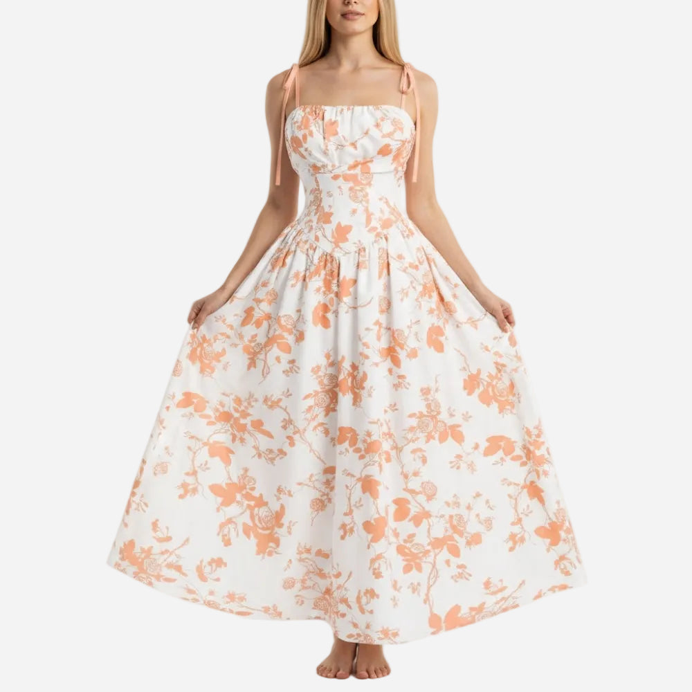 Emma | Elegant Smocked Floral Square Neck Midi Dress