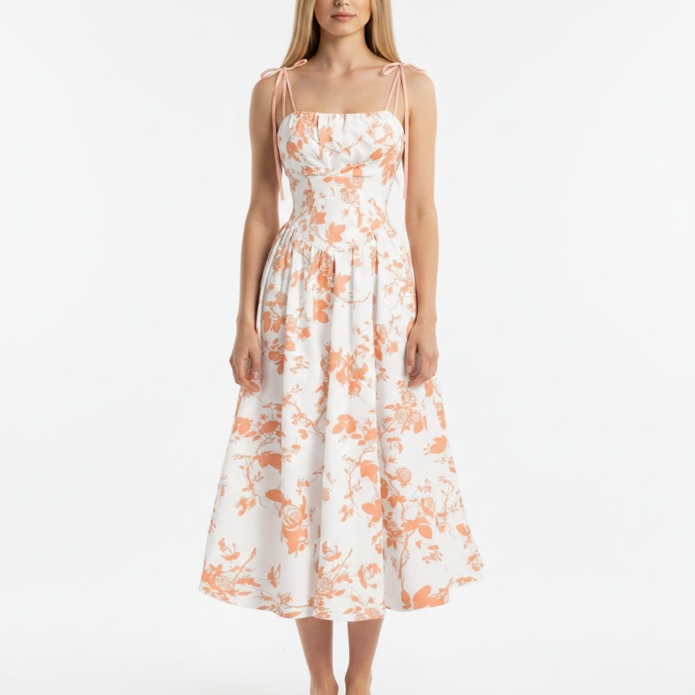 Emma | Elegant Smocked Floral Square Neck Midi Dress