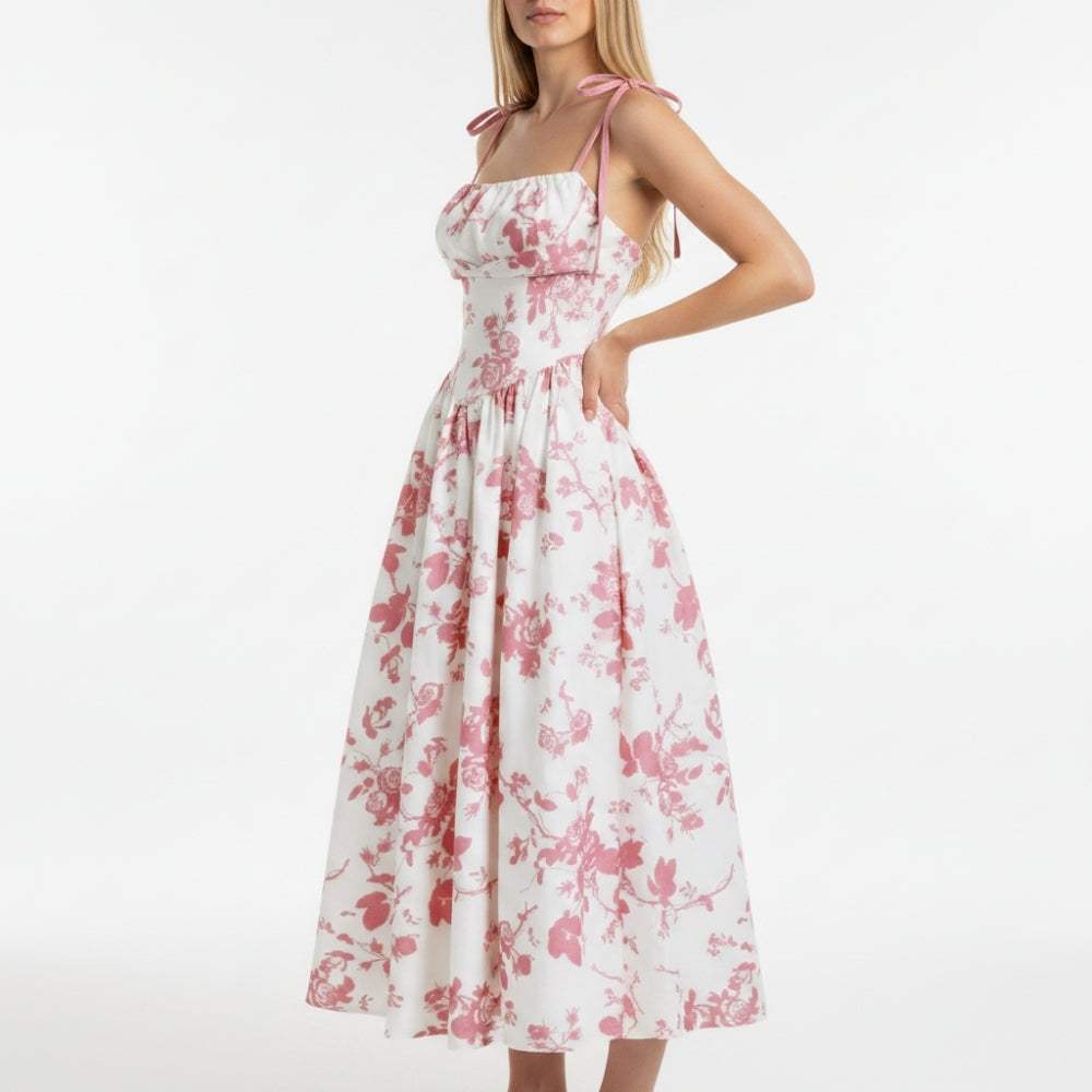 Emma | Elegant Smocked Floral Square Neck Midi Dress