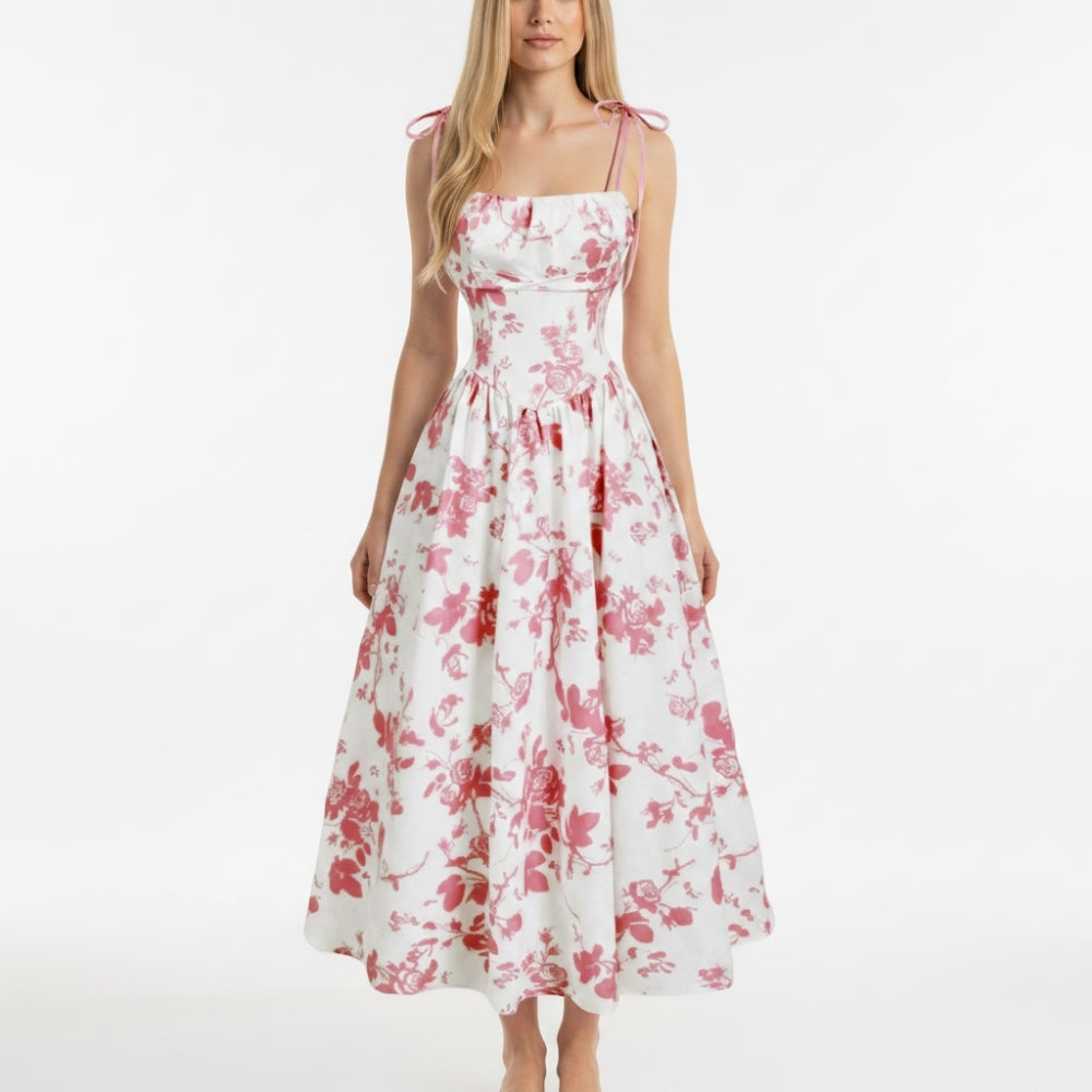 Emma | Elegant Smocked Floral Square Neck Midi Dress