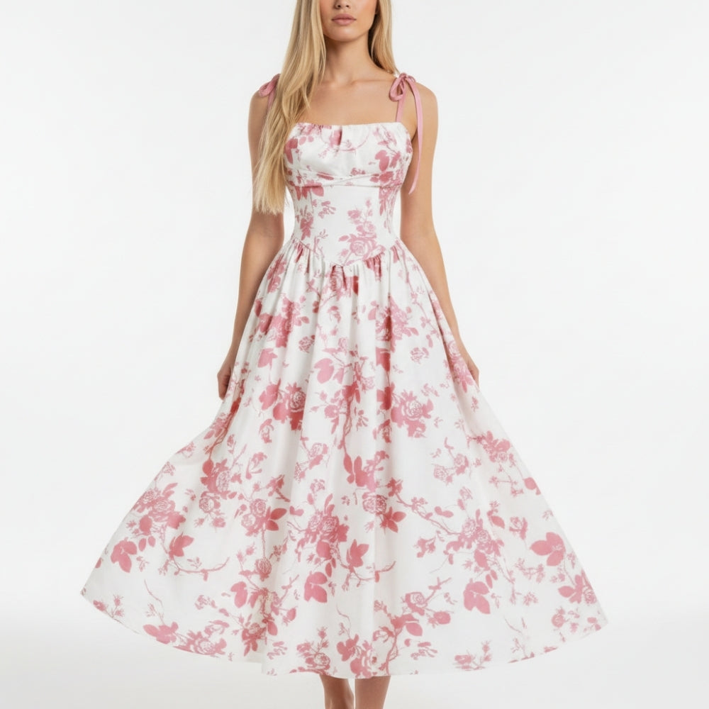 Emma | Elegant Smocked Floral Square Neck Midi Dress