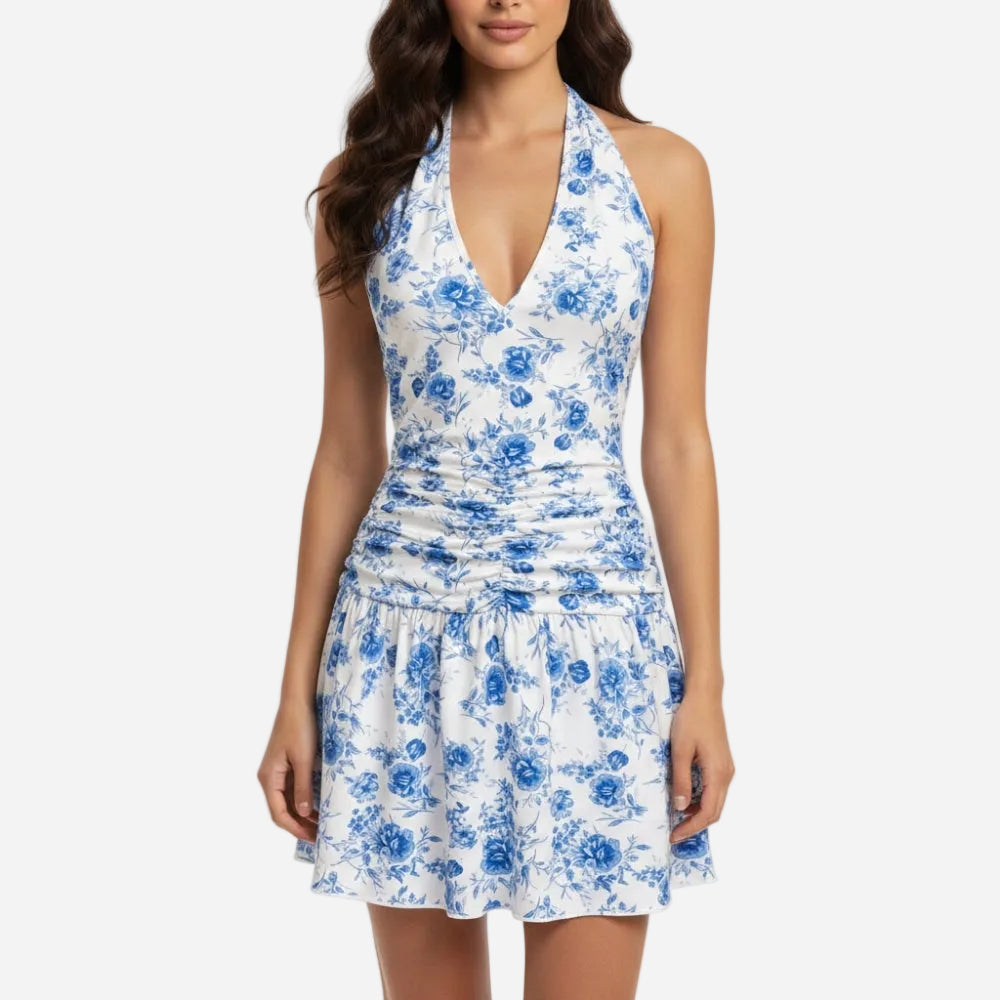 Amelia | Stylish Ruched Halter V Neck Floral Mini Dress