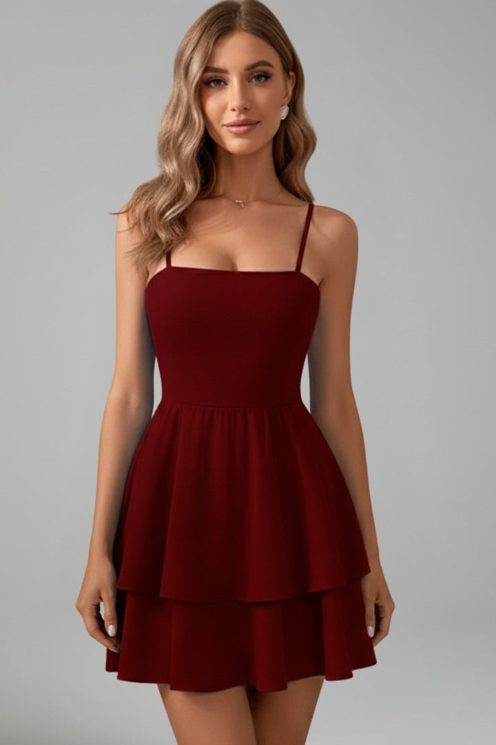 Amelia Chic A Line Layered Mini Dress Burgundy
