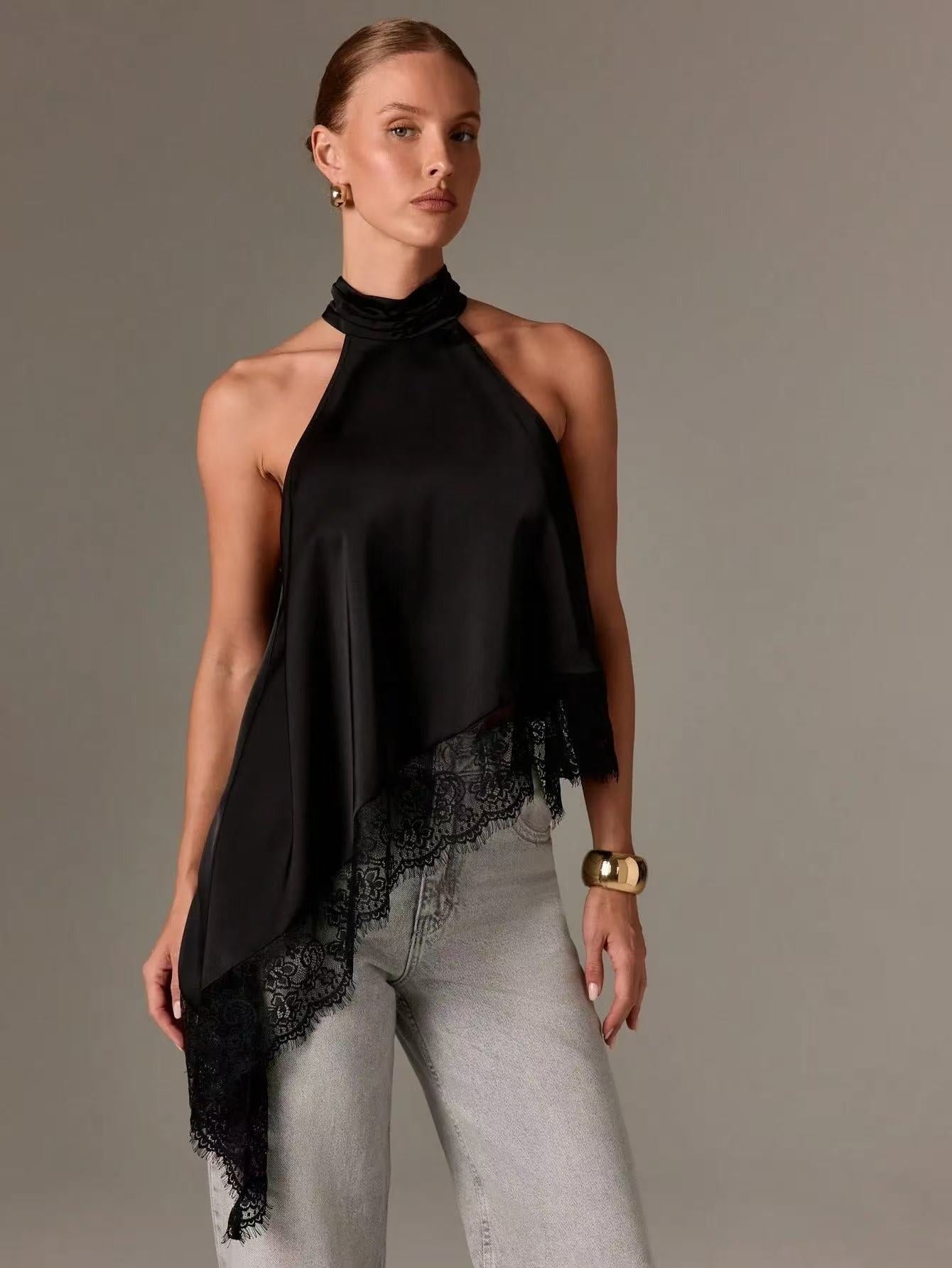 Hollis satin backless lace top - Black