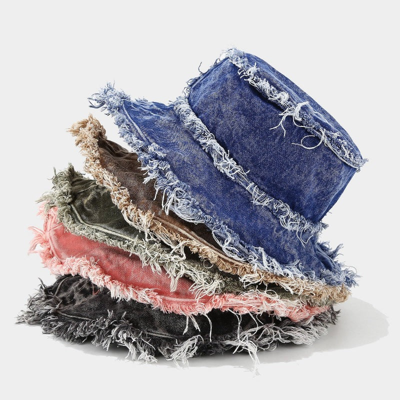 Mia denim frayed bucket hat in blue