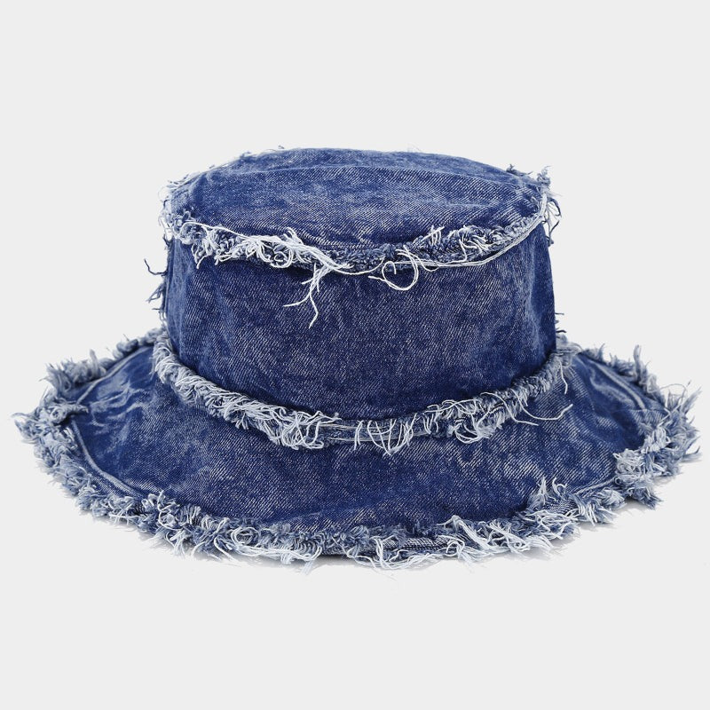 Mia denim frayed bucket hat blue detail view