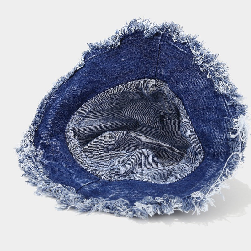 Mia denim frayed bucket hat blue side view