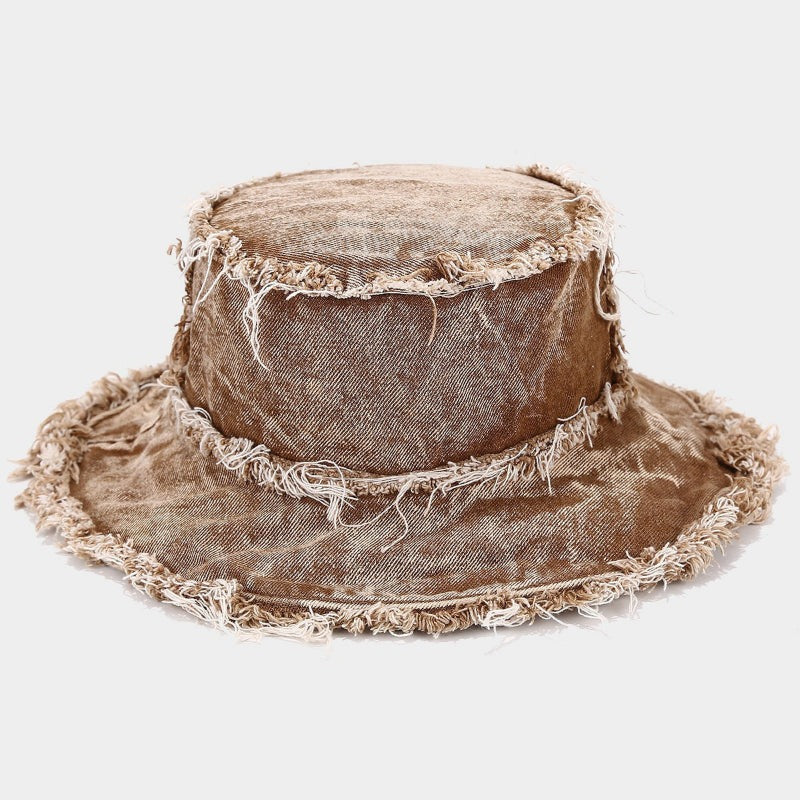 Mia denim frayed bucket hat in brown
