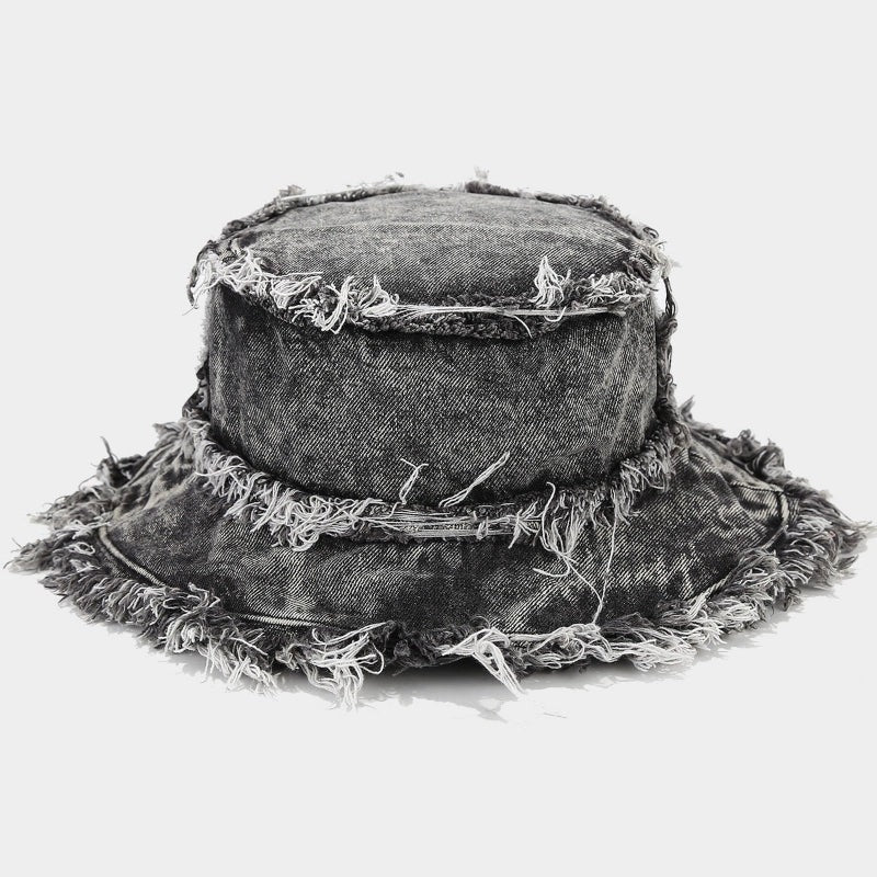Mia denim frayed bucket hat gray styled