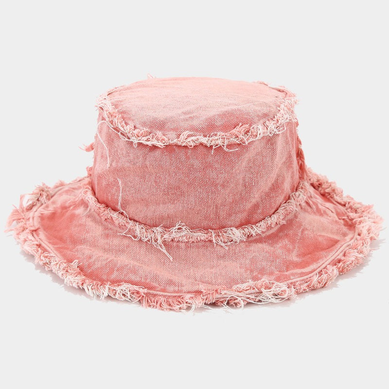 Mia denim frayed bucket hat in pink