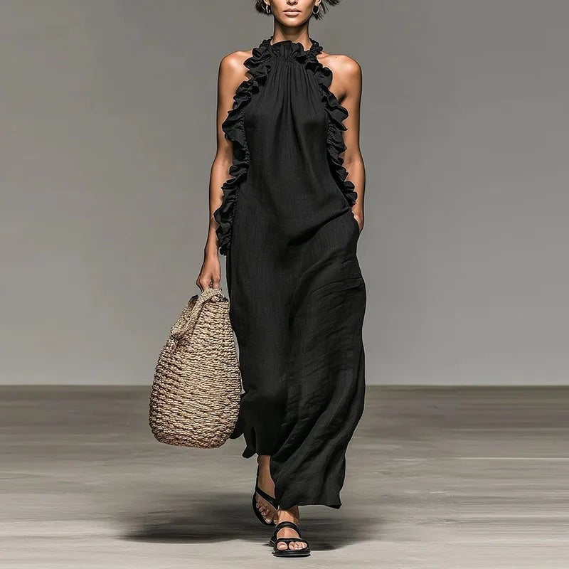 Mira halter boho ruffle maxi dress - Black