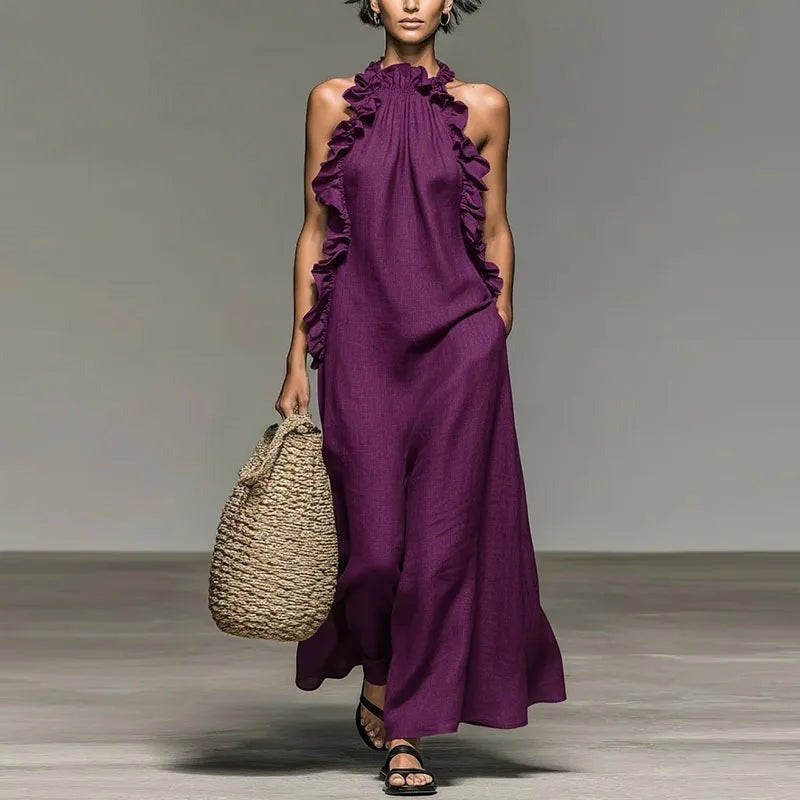 Mira halter boho ruffle maxi dress - Purple