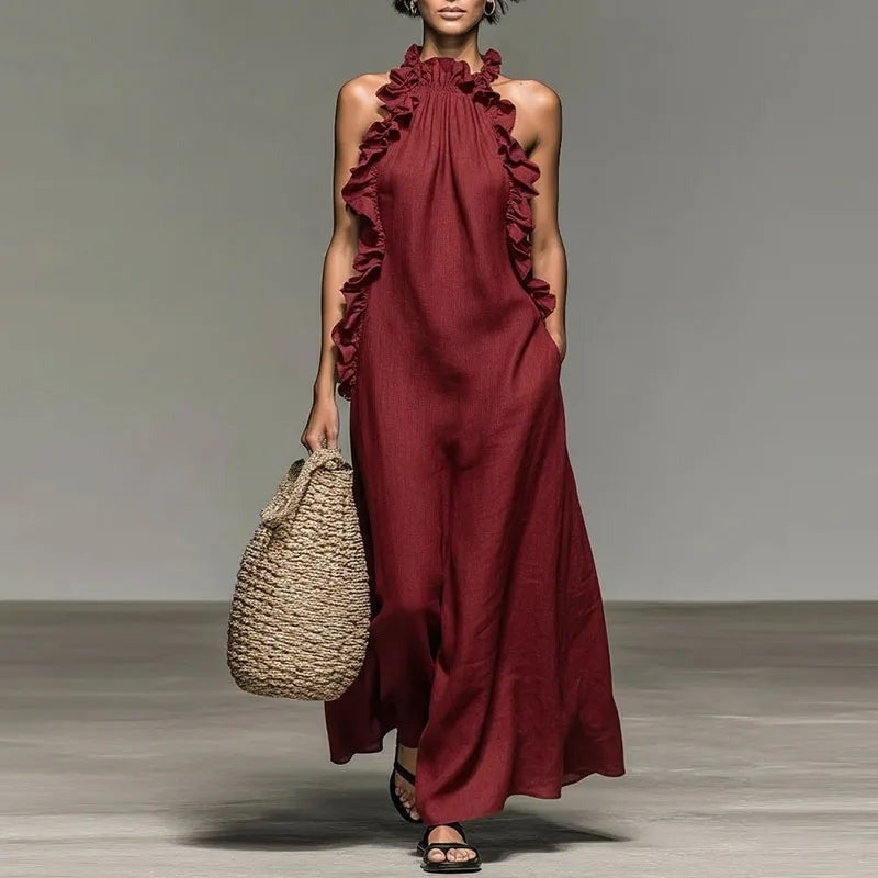 Mira halter boho ruffle maxi dress - Red