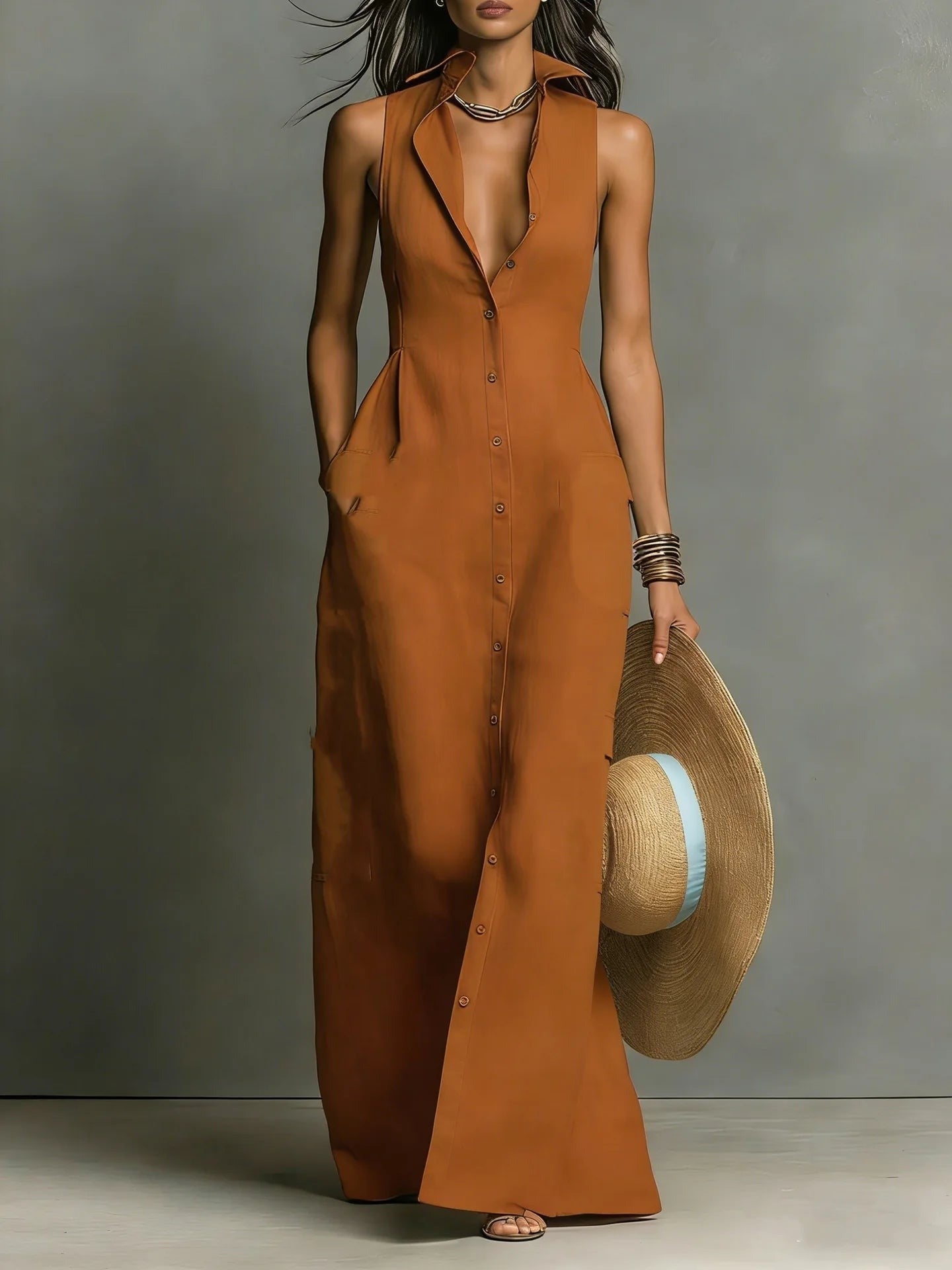 Nola sleeveless shirt dress - Brown