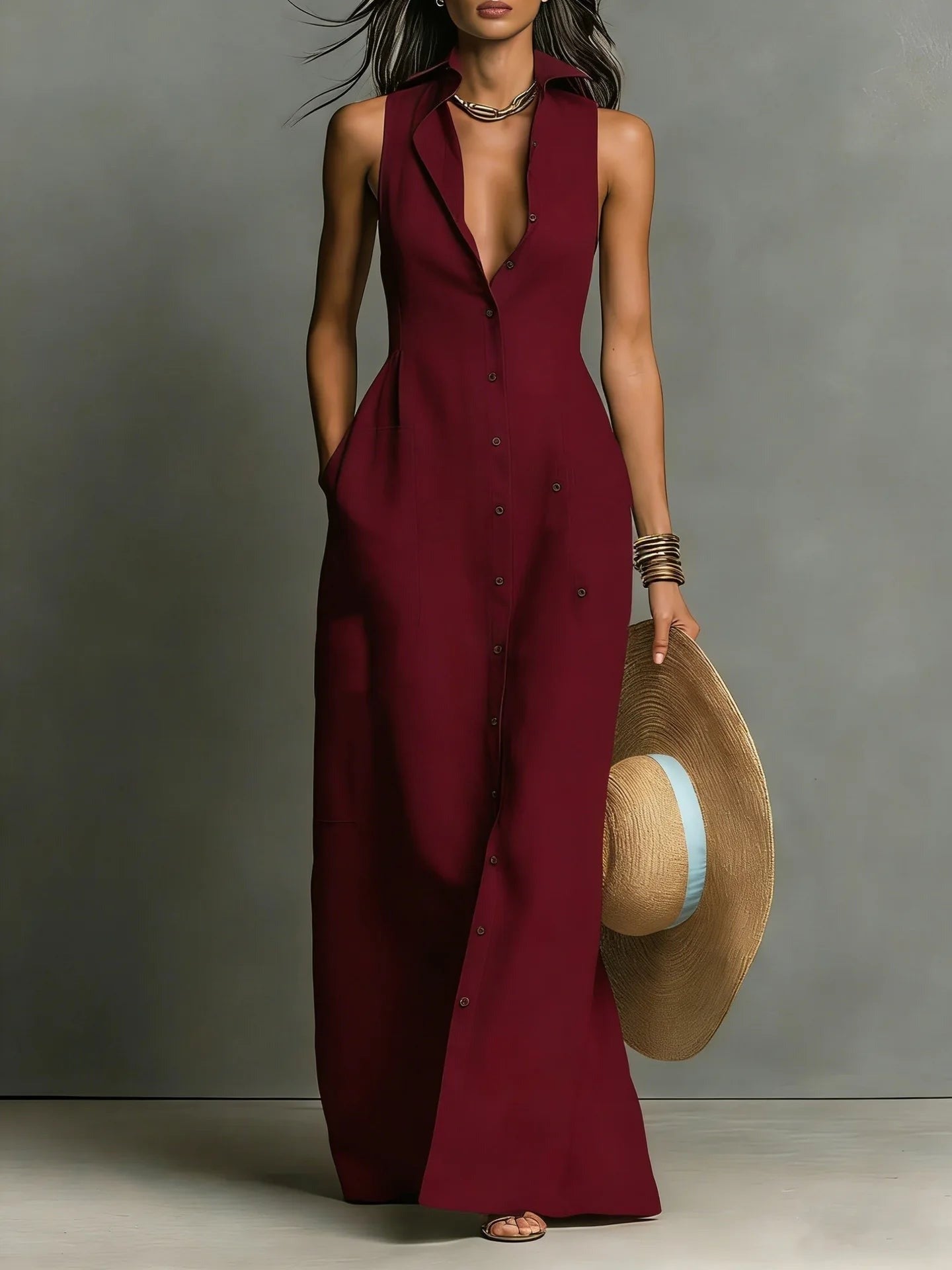 Nola sleeveless shirt dress - Burgundy