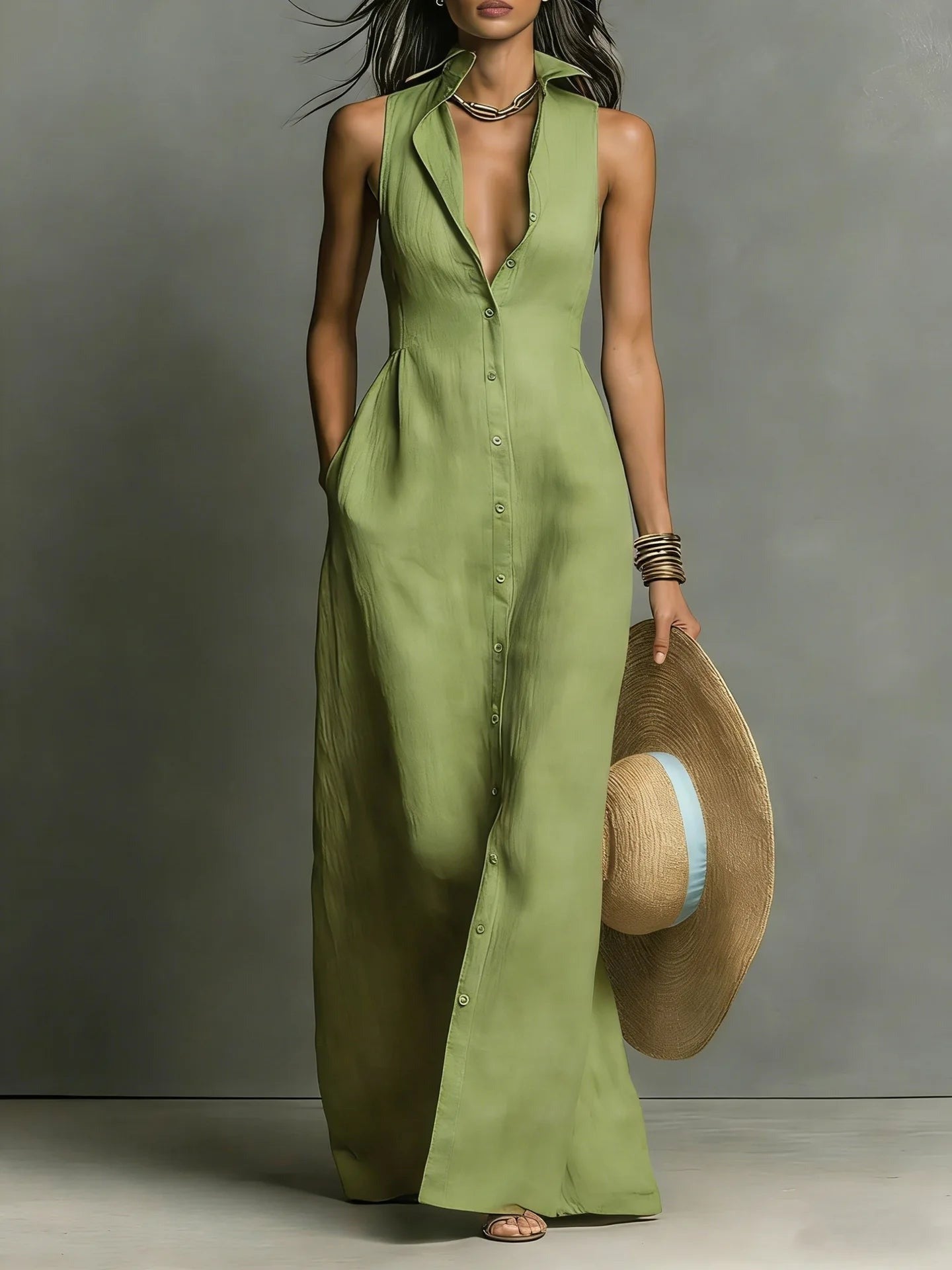 Nola sleeveless shirt dress - Olive