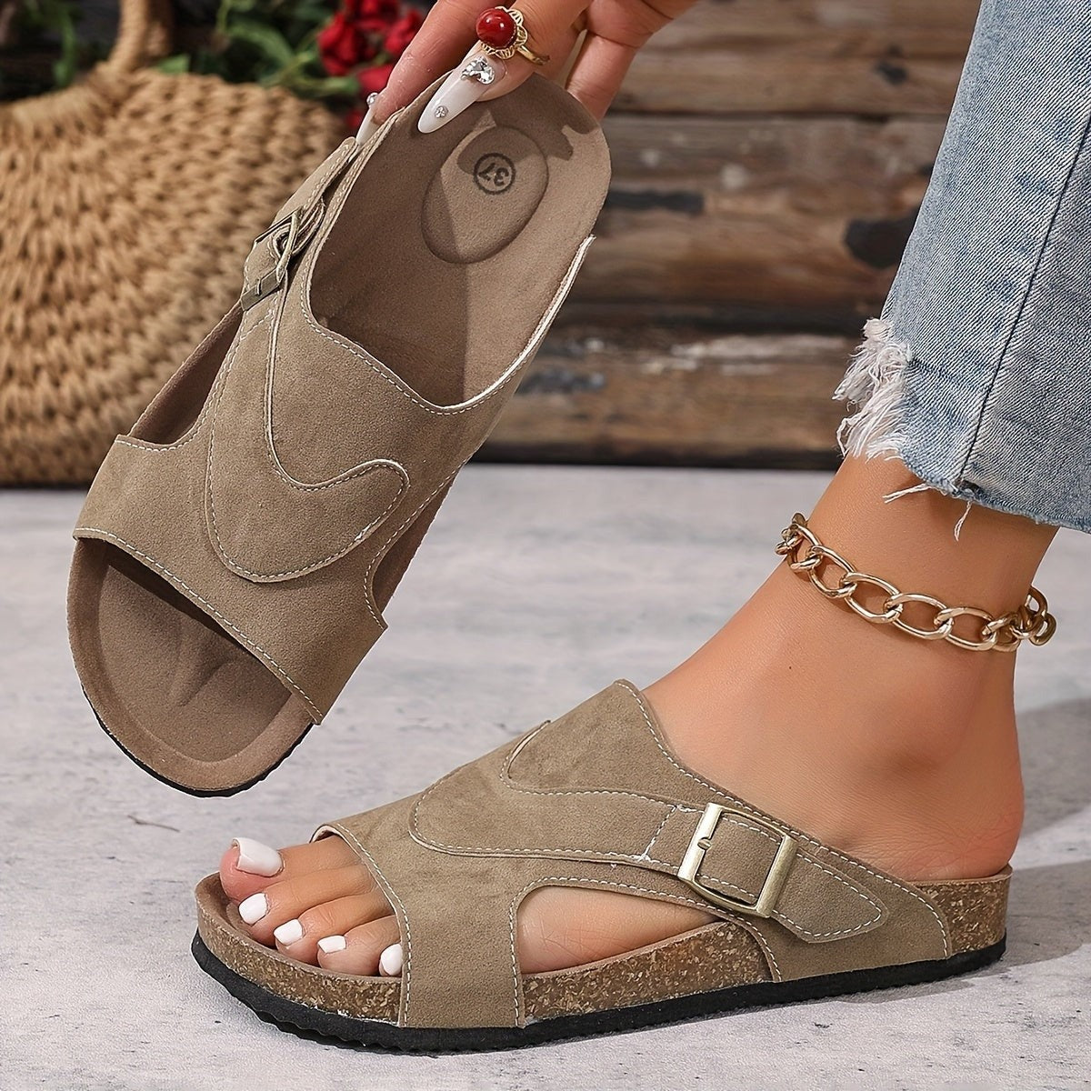 Tess slide sandals — Khaki