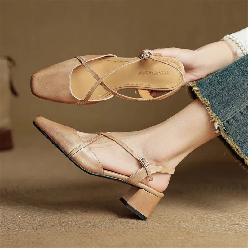 Clara Closed Toe Leather Block Heels - Beige
