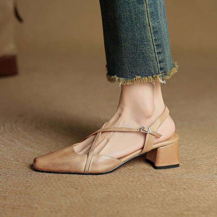 Clara Closed Toe Leather Block Heels - Beige