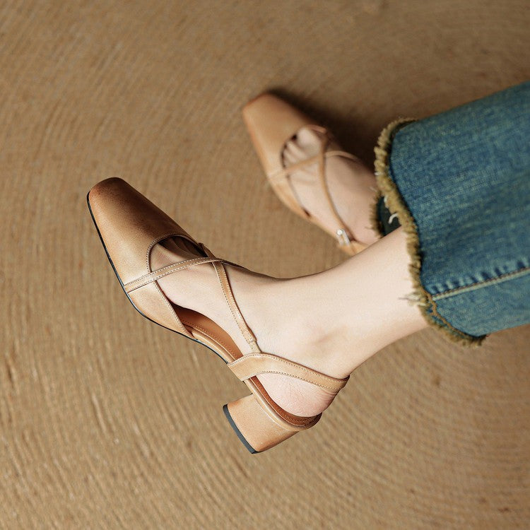 Clara Closed Toe Leather Block Heels - Beige
