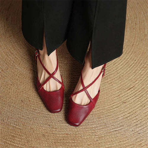 Clara Closed Toe Leather Block Heels - Red