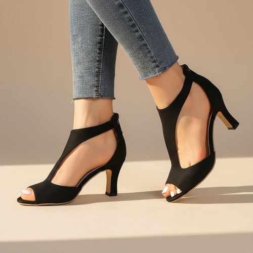 Clara Peep Toe Block Heels - Black