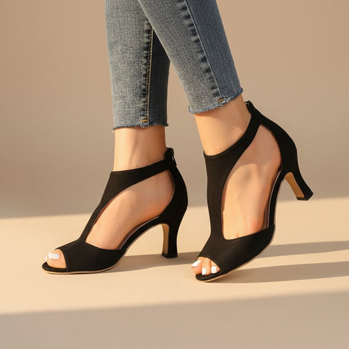 Clara Peep Toe Block Heels - Black