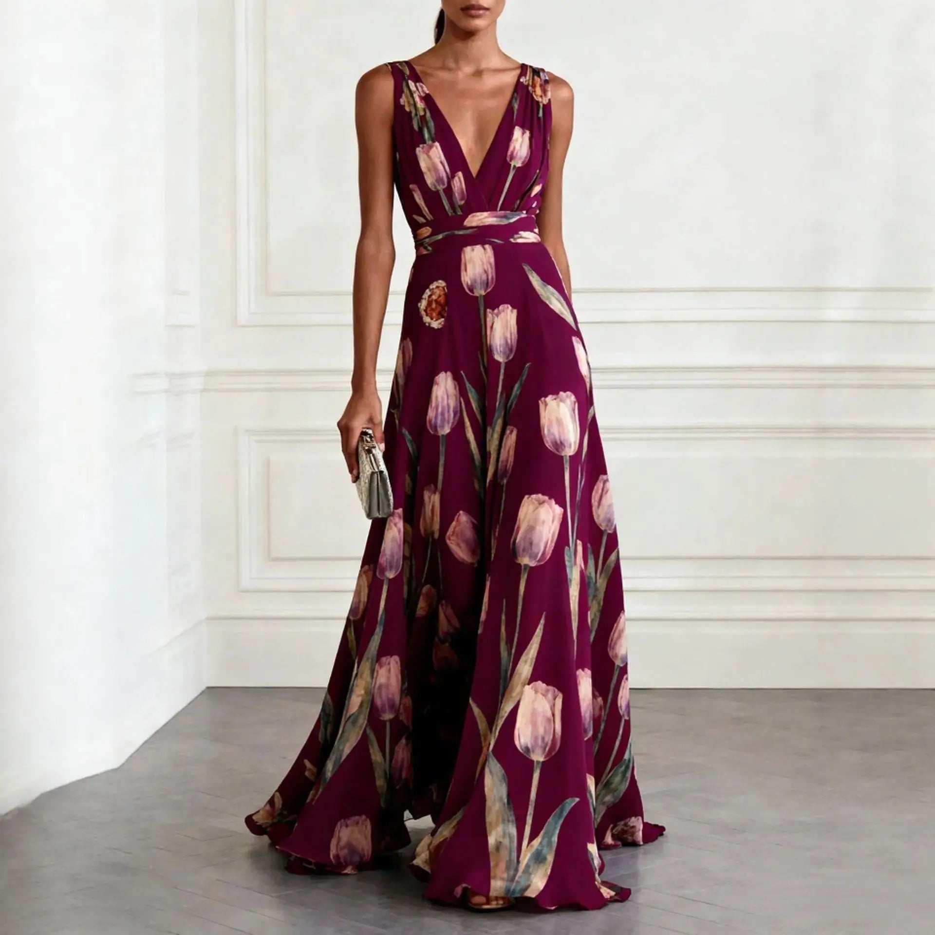 Eden Wrap Chiffon Wedding Guest Maxi Dress - Burgundy