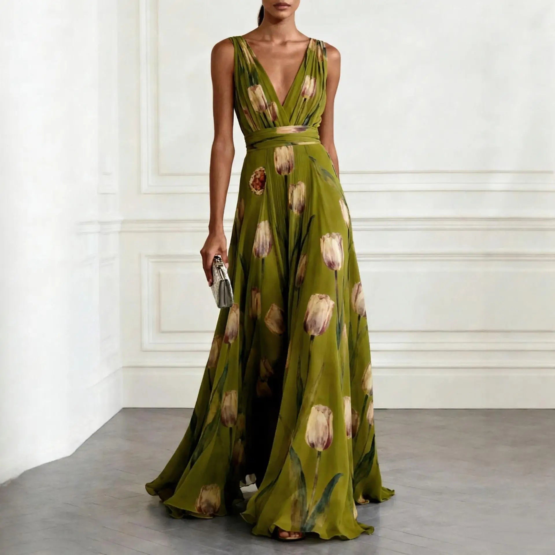 Eden Wrap Chiffon Wedding Guest Maxi Dress - Green