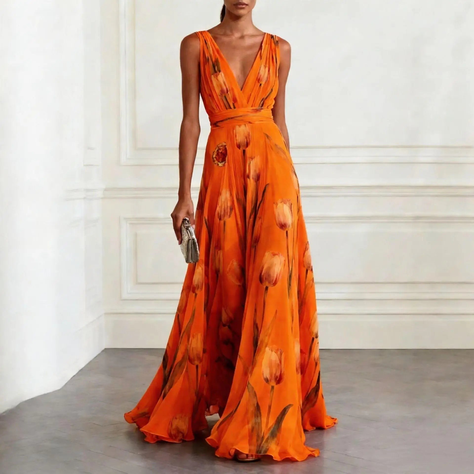 Eden Wrap Chiffon Wedding Guest Maxi Dress - Orange