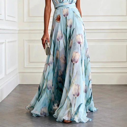 Eden Wrap Chiffon Wedding Guest Maxi Dress - Sky Blue