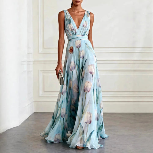 Eden Wrap Chiffon Wedding Guest Maxi Dress - Sky Blue