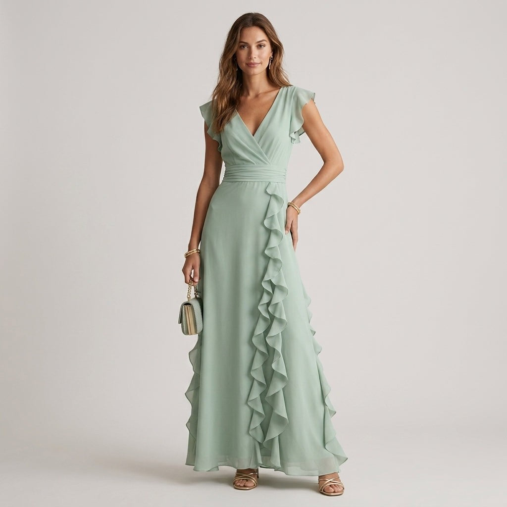 Tess wrap ruffle maxi dress - Green