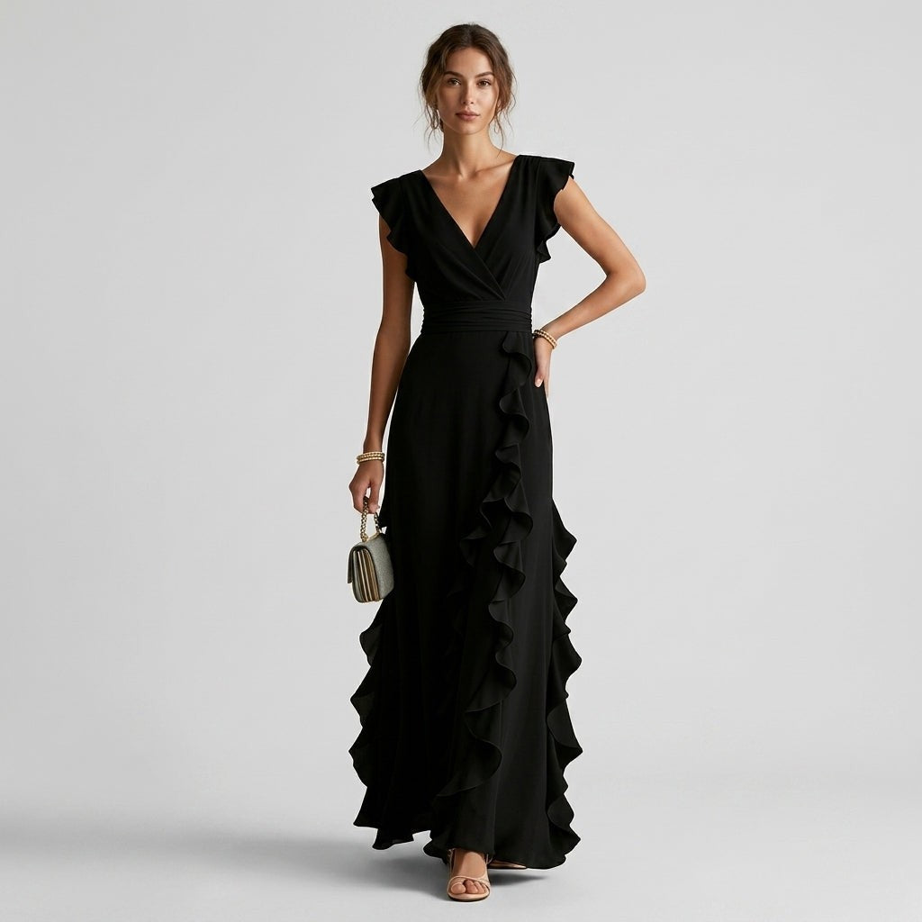 Tess wrap ruffle maxi dress - Black