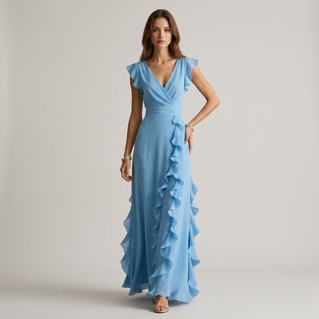 Tess wrap ruffle maxi dress - Light Blue
