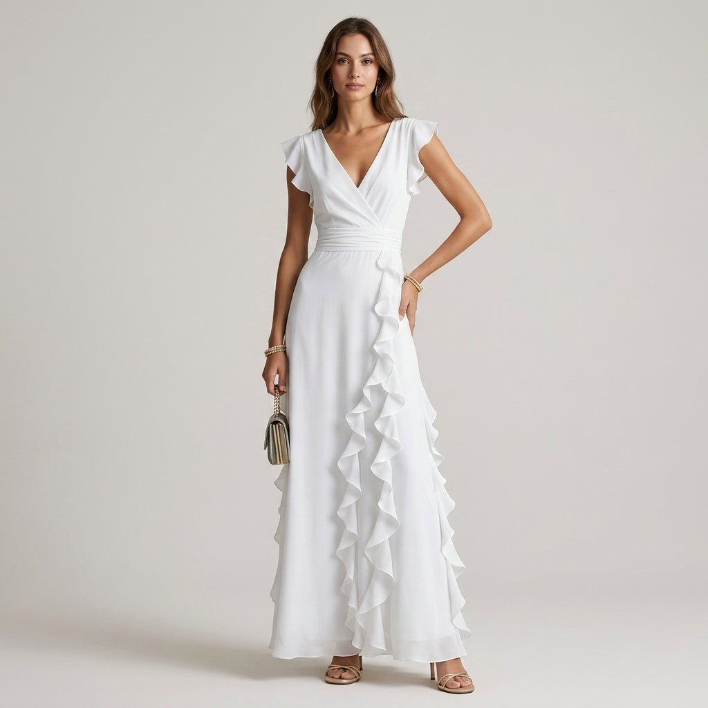 Tess wrap ruffle maxi dress - White