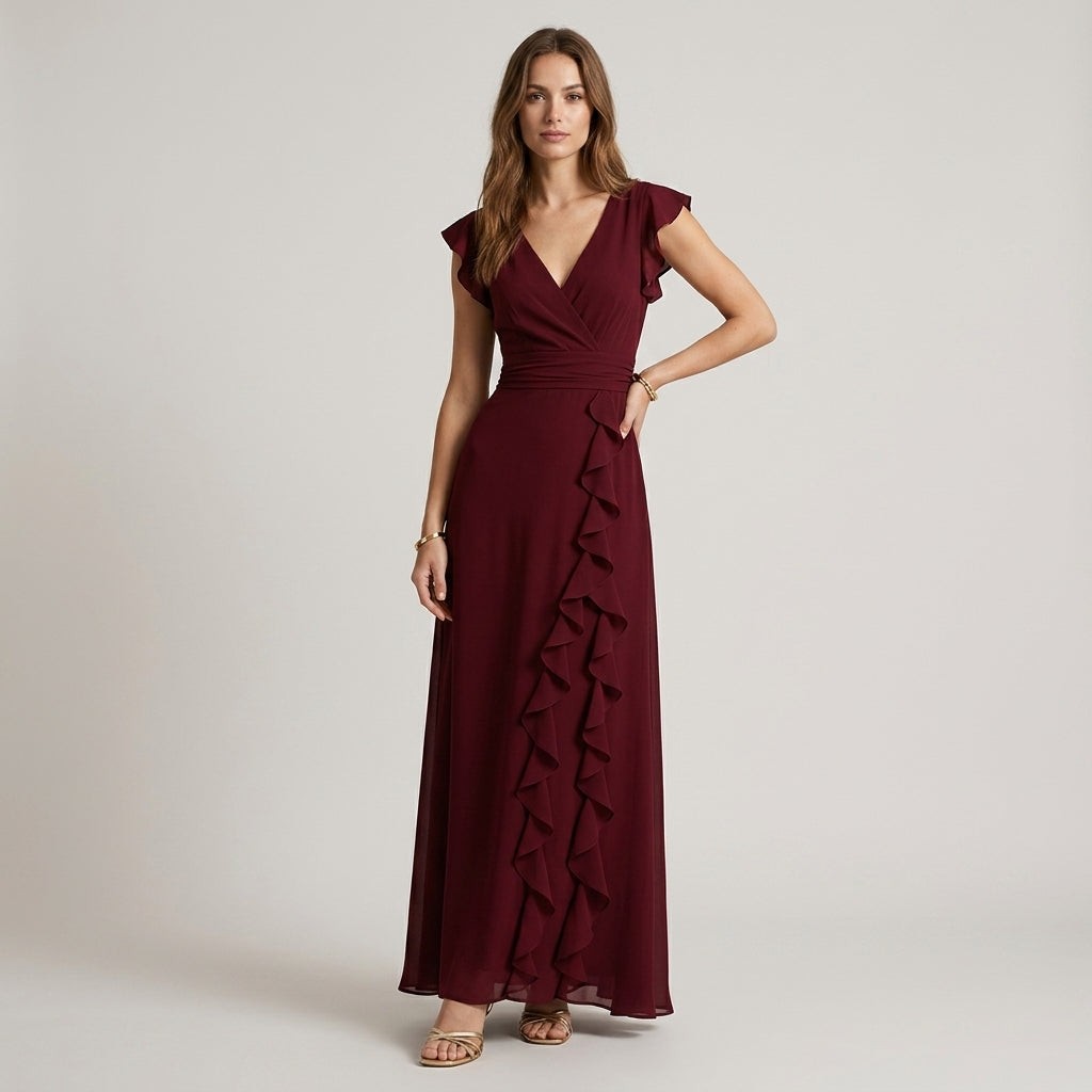 Tess wrap ruffle maxi dress - Burgundy