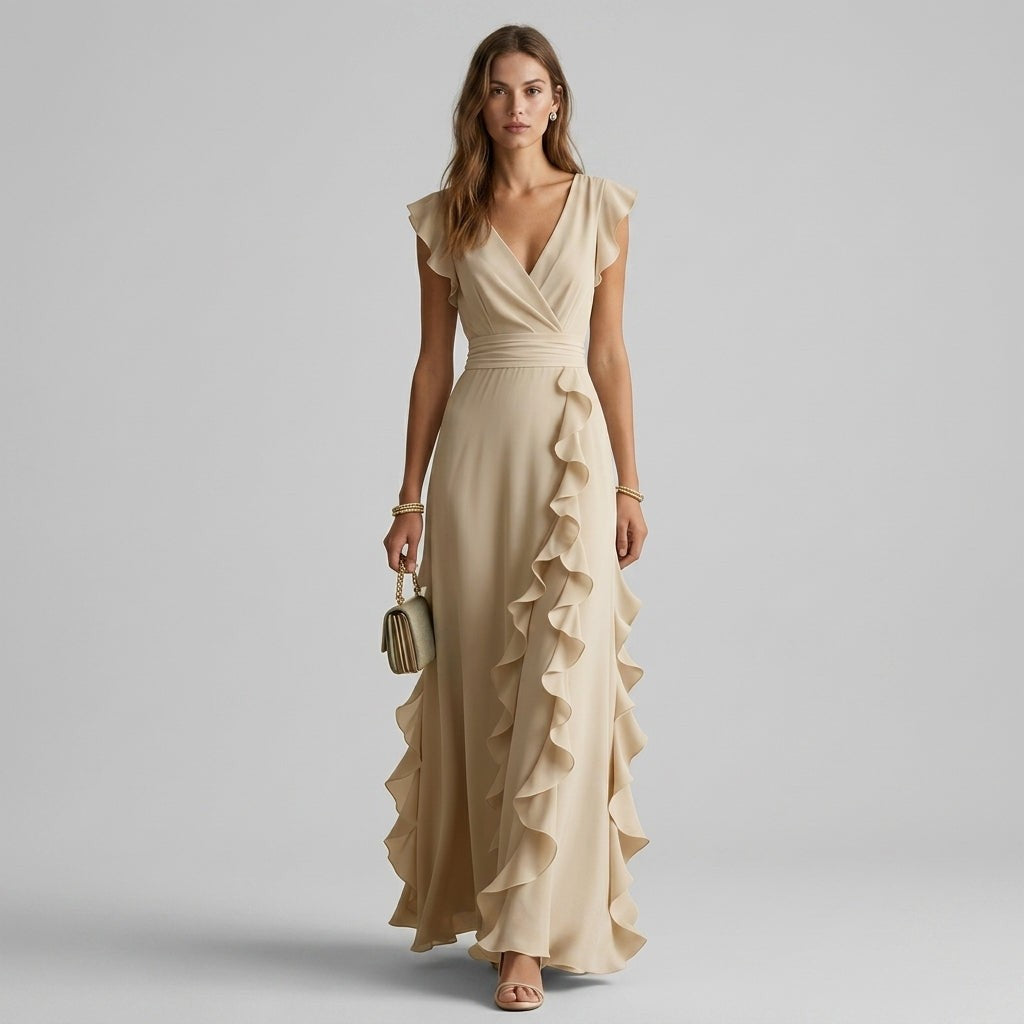 Tess wrap ruffle maxi dress - Beige