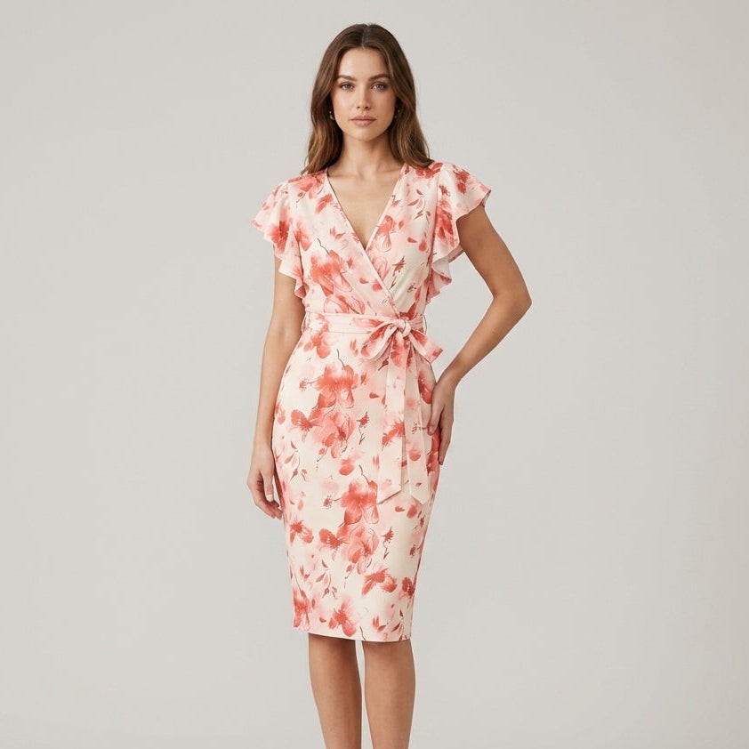 Soline flutter sleeve floral midi dress - Red
