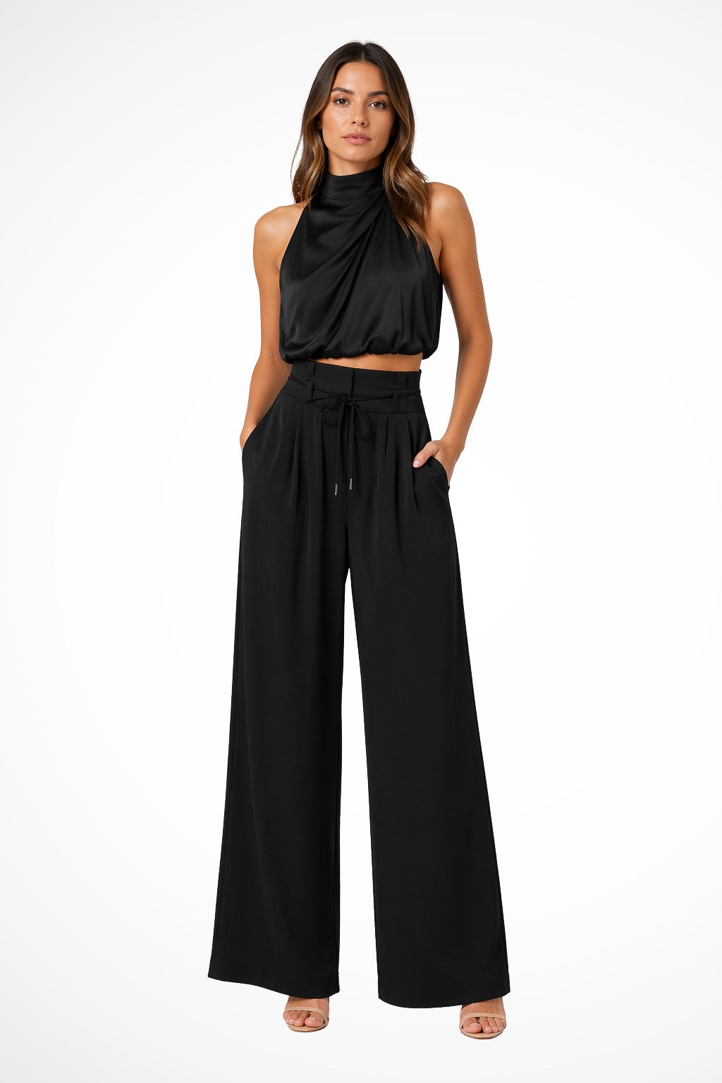 Remi crop top palazzo pants set - Black