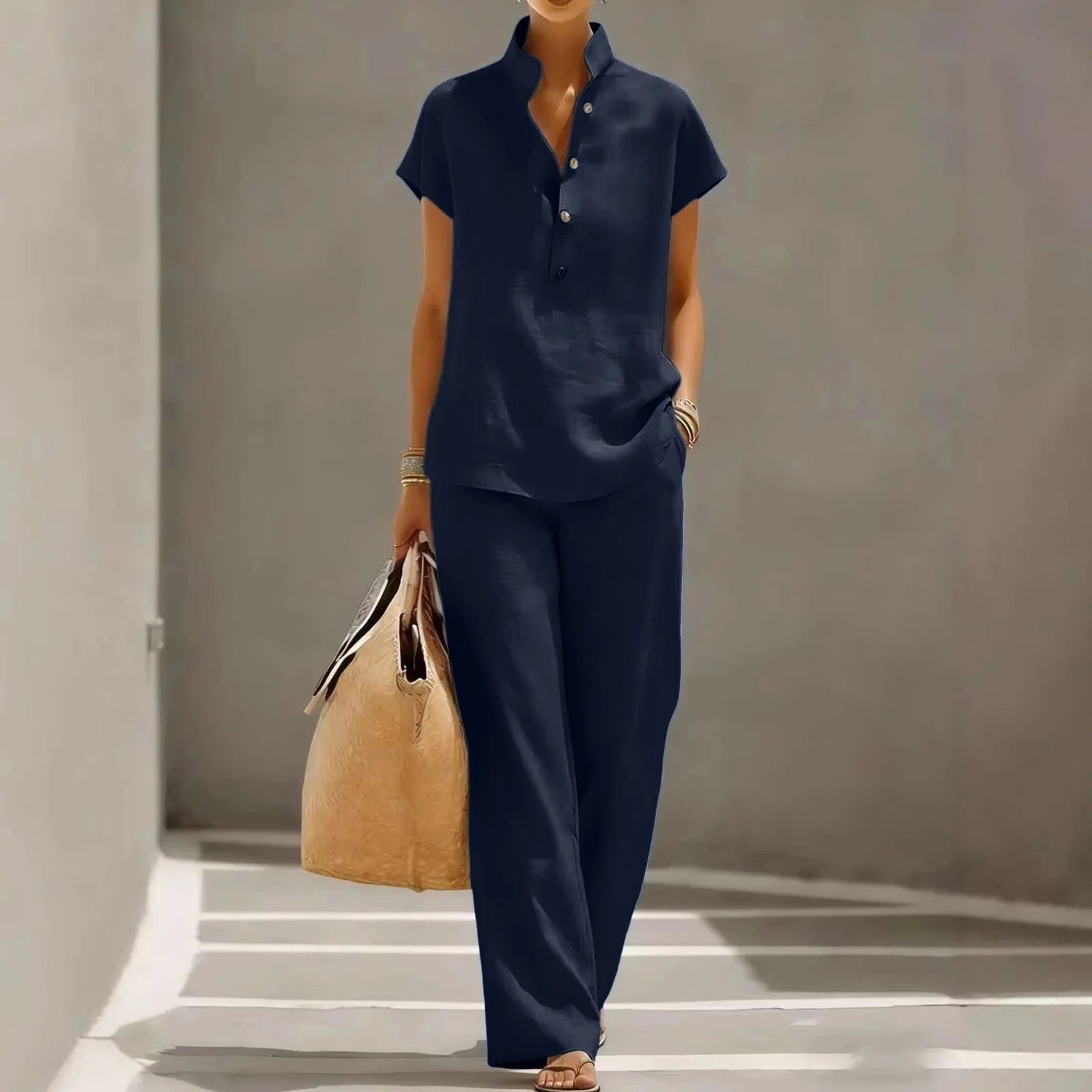 Mira wide leg linen set - Navy Blue